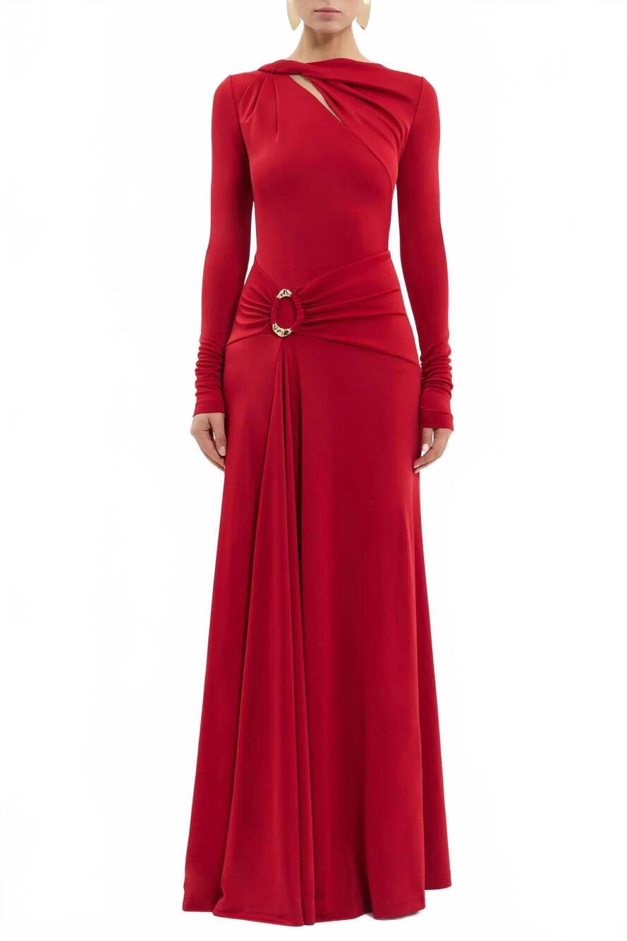 NEW REBECCA VALLANCE women's kiana long sleeve maxi dress in red